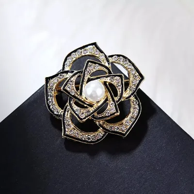 Black And Crystal Flower Hijab Brooch/Pin